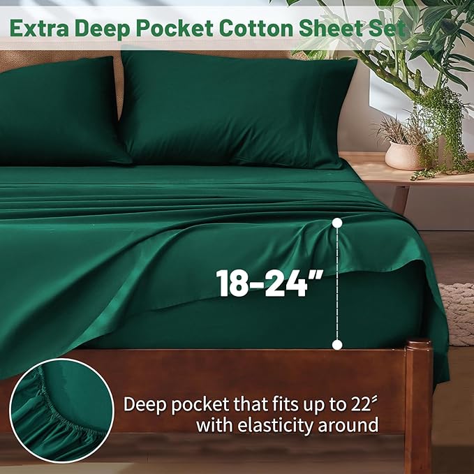 Extra Deep Pocket California King Sheets 18-24 Inch 1000 Thread Count 100% Egyptian Cotton Sateen Weave Soft Breathable 4 Pieces（California King,Dark Green）