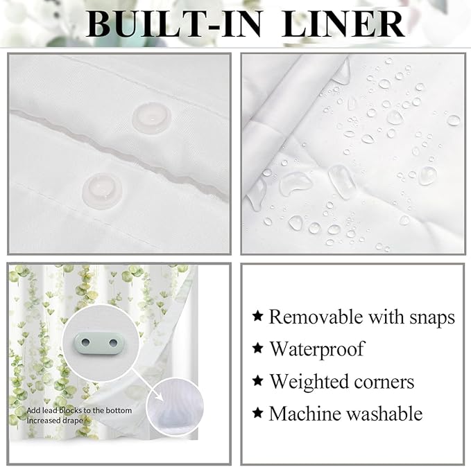 Green Leaves Shower Curtain No Hooks with Snap-in Fabric Liner Set,Spring Plant Vine Shower Curtain for Bathroom,Hotel Decor Waterproof Shower Curtains,with See Through Top Window,71W x 74H