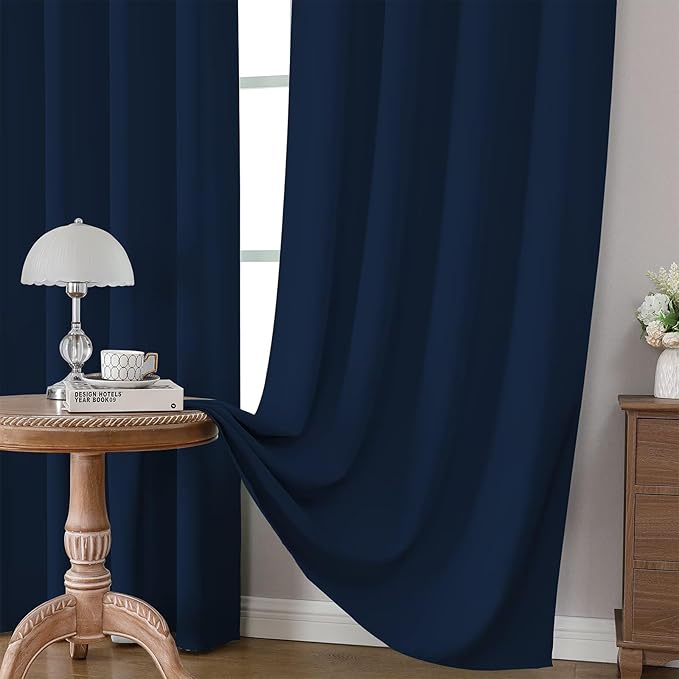CUCRAF Navy Blue Blackout Curtains 90 inch Length 2 Panels Set, Rod Pocket Room Darkening Drapes for Bedroom Living Room, Insulated Thermal Light Blocking Window Curtain (W52 x L90 Inch)