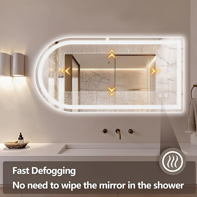 Niccy Arched LED Mirror for Bathroom, 48x24 Vanity Mirror with Light Frameless Bathroom Mirror, Smart Lighted Frontlit Mirrors with Memory Function for Bathroom Bedroom Beauty Hair Salon