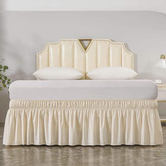 MEILA Wrap Around Bed Skirt Three Fabric Sides Elastic Dust Ruffled 18 Inch Tailored Drop,Easy to Install Fade Resistant-Beige, Queen/King