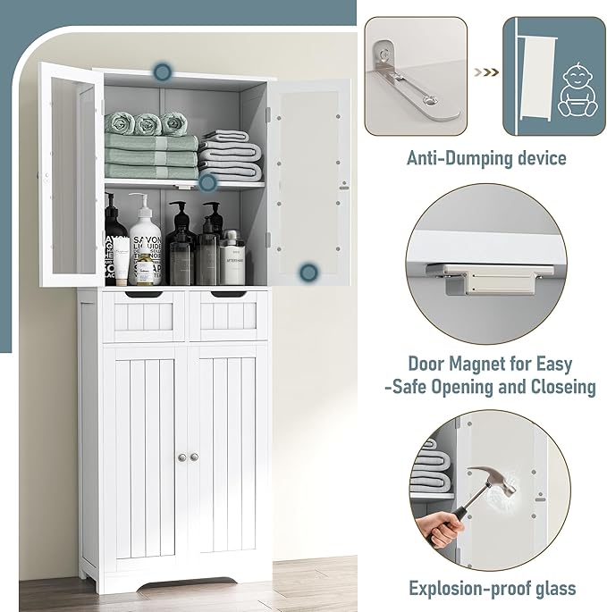 67" Tall White Bathroom Cabinet Storage Cabinet, Freestanding Storage Cabinet with Glass Door and Adjustable Shelves, Bathroom Cabinet for Living Room, Kitchen, Dining, White