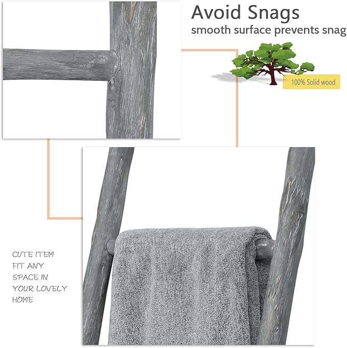 FUIN Fully Assembled 6ft Wood Blanket Ladder Living Room Decorative Wall Leaning Farmhouse Quilt Display Holder Rustic Wooden Towel Rack for Bathroom, Light Gray & Whitewashed