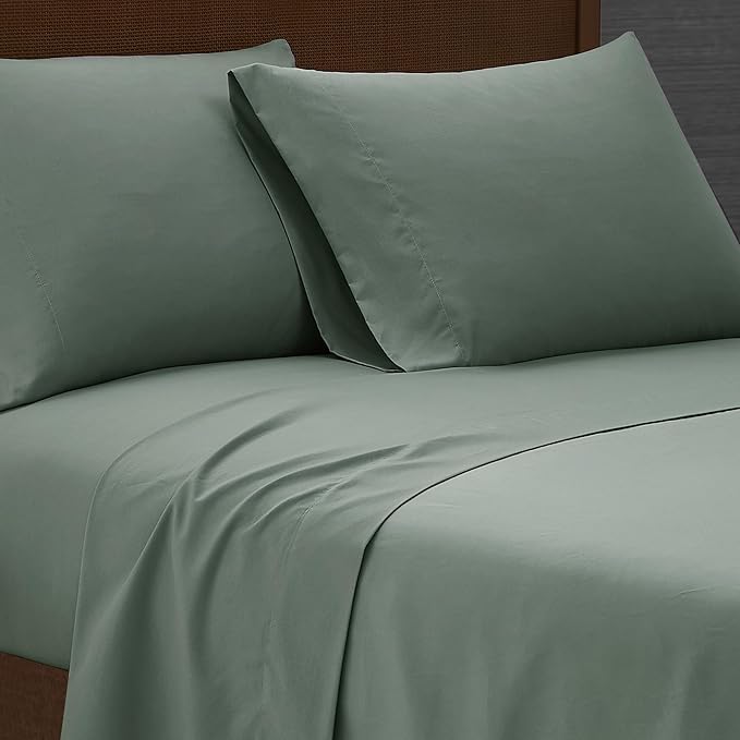 London Fog Garment Washed Solid Sheet Set Green Microfiber 4-Piece King Sheet Set, Solid Themed, Deep Pocket, Adult and Teen, Oeko-TEX Certified