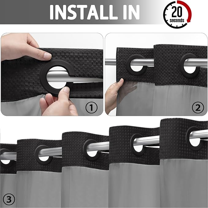 YellyHommy No Hook Shower Curtain with Snap in Liner Set Less Time Black Waffle Shower Curtain for Bathroom 81" L x 72" W