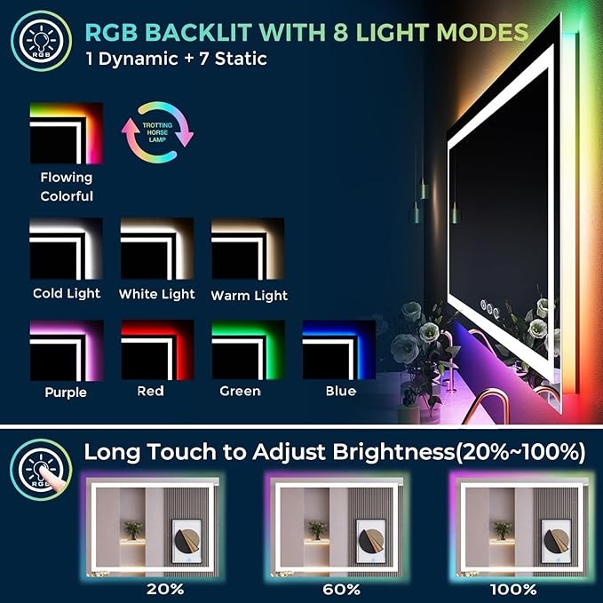 36x30 Inch RGB LED Bathroom Mirror Front Light and RGB Backlit Lighted Vanity Mirror for Bathroom Wall Mounted Dimmable Anti Fog Memory Shatter-Proof IP54 Waterproof Horizontal/Vertical