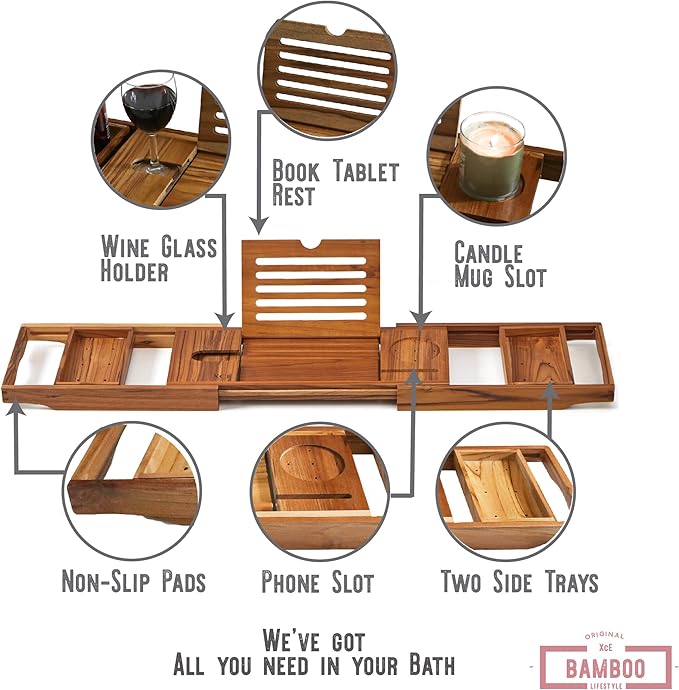 XcE Teak Bathtub Tray Expandable to 105cm with Solid Book Stand and Soap Tray, Teak