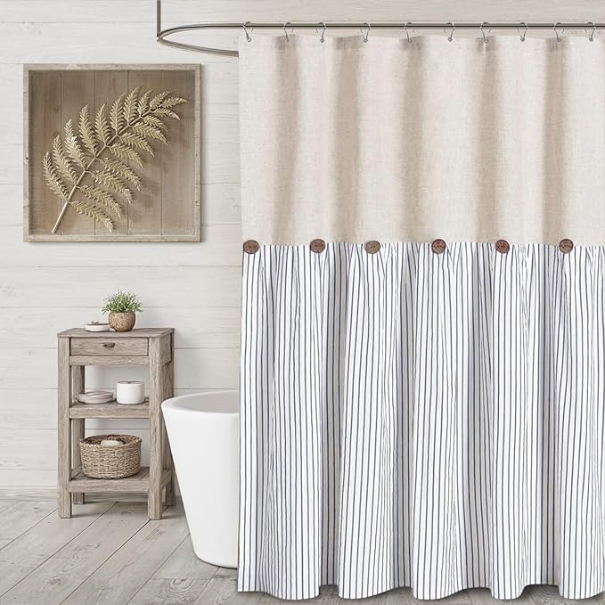 Farmhouse Shower Curtain Linen Button Woven Fabric Country Rustic Western, Pleated Blue Stripe 72" W x 72" L