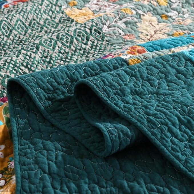 Autumn Dream Cotton Bedspread Quilt Sets Reversible Bedding Coverlet Sets Comforter, Vintage Floral Patchwork Turquoise Bedspread, King Size