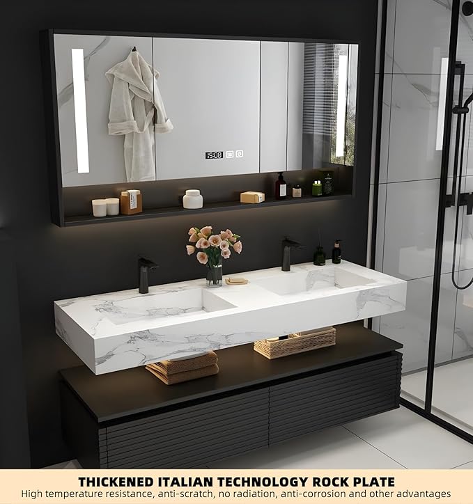 80IN Bathroom Vanity with Double Sink, Modern Bathroom Vanity with LED Smart Defogging Mirror Cabinet and Open Shelf, Floating Bathroom Cabinet with Striped Double Drawers, Oak Material (White)