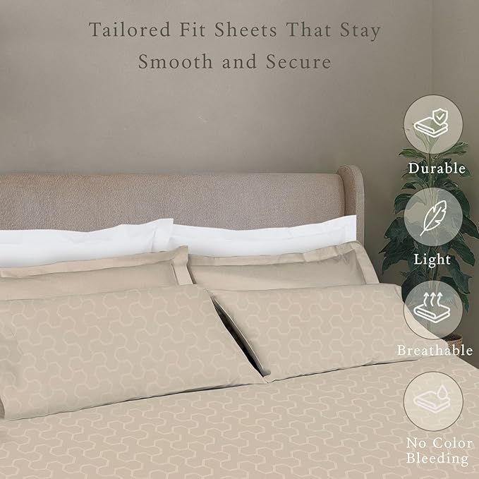 Threadmill Cotton Queen Sheet Set | 500 Thread Count 100% Cotton Sheets for Queen Size Bed | Damask Jacquard Queen Bed Sheets Set with 16” Deep Pocket Fitted | Soft Sateen Cooling Bedding Set | Beige