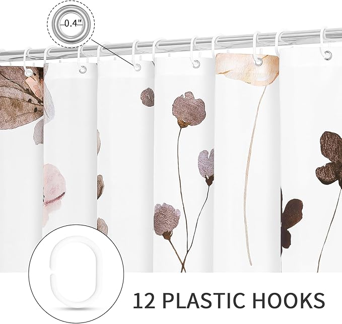 Gibelle Long Shower Curtain 72 x 78, Watercolor Floral Fabric Shower Curtain, Brown Beige Flower Decorative Bathroom Shower Curtain Set with Hooks