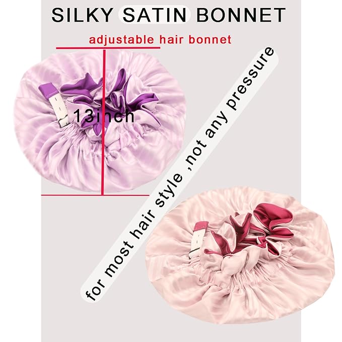 Satin bonnet 2Pcs silk hair bonnet cap for women reversible for sleeping Adjustable Night sleep cap for curly natural hair double-layer Washable Can Be Used Shower (Pink &Purple stripe)