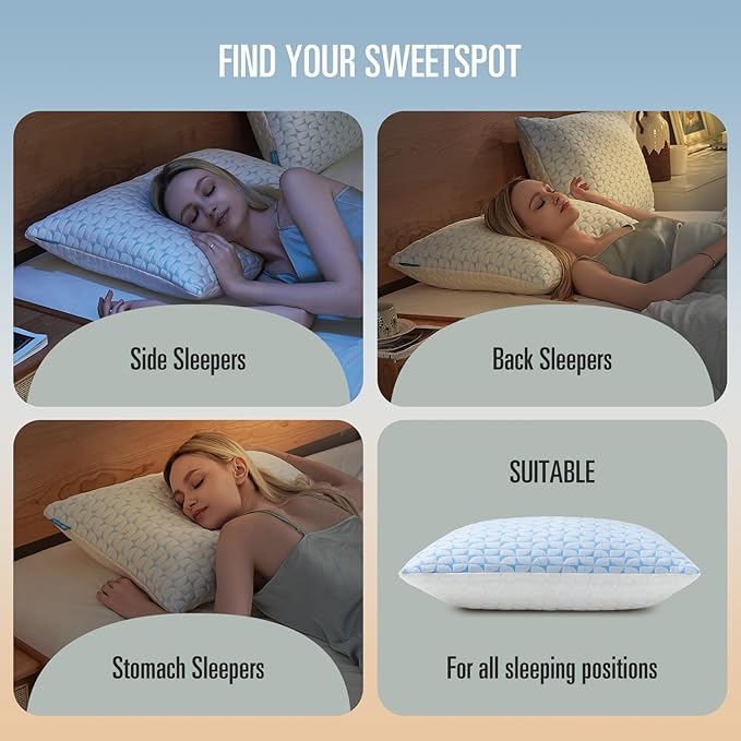 QUTOOL Firm Pillow Shredded Memory Foam(Adjustable Loft), Cooling Supportive Side Sleeper Pillows for Sleeping, Standard Size Set of 2, for Adults,CertiPUR-US Certified