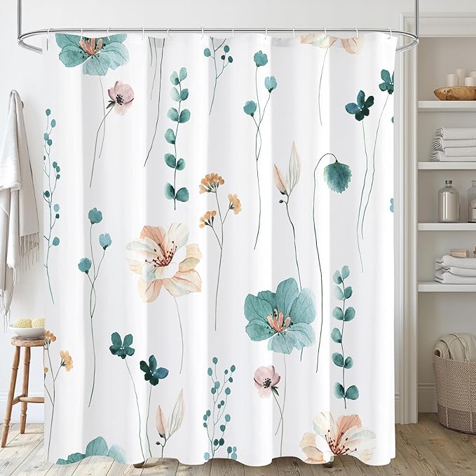 Gibelle Extra Long Shower Curtain 72 x 84, Watercolor Floral Fabric Shower Curtain, Teal Beige Flower Decorative Bathroom Shower Curtain Set with Hooks