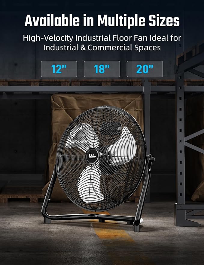 Simple Deluxe 12 Inch 3-Speed High Velocity Heavy Duty Metal Industrial Floor Fans, Black