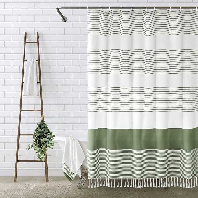 Awellife Sage Green Shower Curtain for Bathroom Stripe Tassel Shower Curtain 84 X 72 Inches Farmhouse Cotton Wide