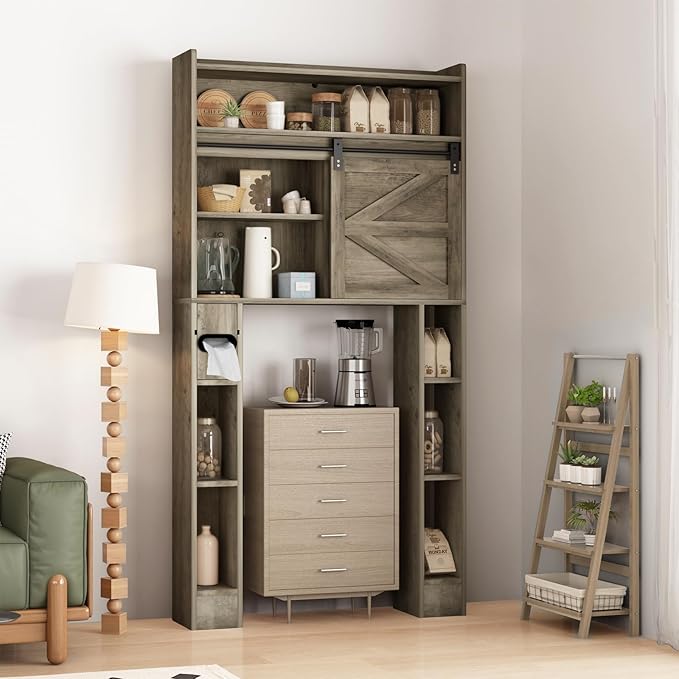 Over The Toilet Storage Cabinet, 32.5'' Wide Bathroom Storage Cabinet with Sliding Barn Door, Freestanding Over Toilet Storage Shelf, Grey