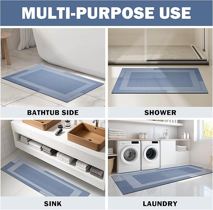 Non Slip Bath Mat, Rubber Backing Ultra Thin Bathroom Rugs Fit Under Door Quick Dry Super Absorbent Washable Bath Rug Shower Mat for Bathroom Floor Bathtub Shower Sink, Easy Care Blue 24"x 35"