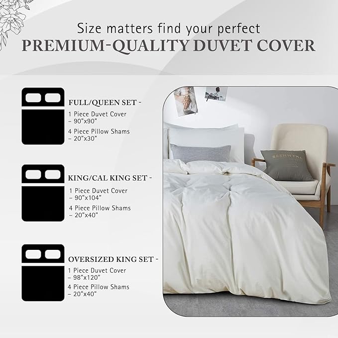 1000 Thread Count King Duvet Cover 100% Egyptian Cotton Soft 5 PC Comforter Cover & 2 Pillow Shams - All Season Breathable Zipper Closure & Corner Ties (Cal King/King, White)