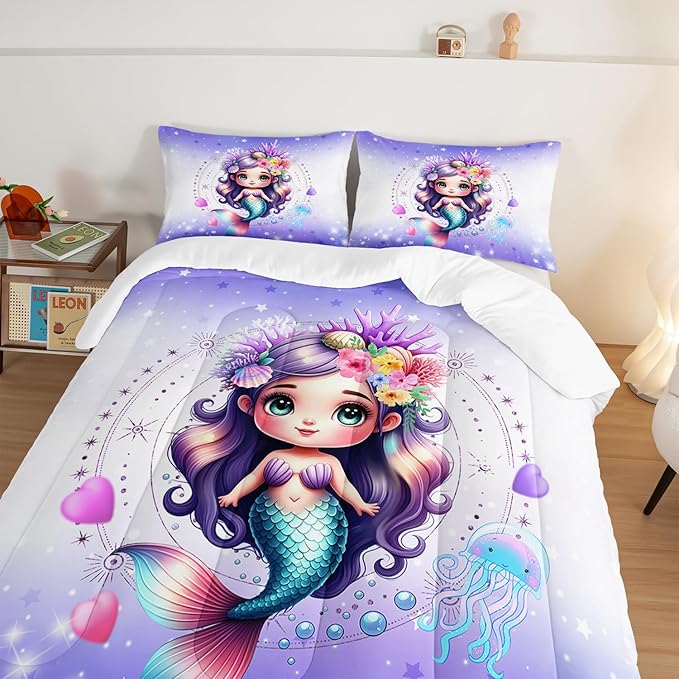Cute Mermaid Pattern Full Comforter Set,Star Jellyfish Ocean Themed Bedding Sets for Kids Toddlers Girls Boys Room Decor,Princess Bedding with 2 Pillowcases.