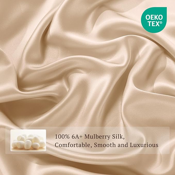 THXSILK 100% Pure Mulberry Silk Duvet Cover Set 3 Piece, 6A+ Grade Luxury Soft Bedding Silk Sheets for Hair and Skin, 1 Pcs Duvet/Quilt/Comforter Cover with 2 Zippered Pillowcases (Champagne, King)