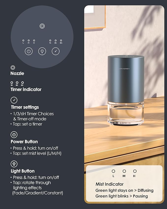 Airversa Essential Oil Diffuser Waterless Aromatherapy Diffusers for Home Large Room, Bedroom, Car, Office, Desk, Battery Operated, Small Diffuser for Pure Scent, 100mL Capacity, AN9 (Grey)