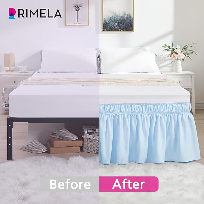 RIMELA Light Blue Bed Skirt Queen Size 18 Inch Drop, Elastic Bed Skirting for Bed Base and Frame, Bedding Dust Ruffle Easy to Install, Lightweight Wrap Around Adjustable Bedskirt
