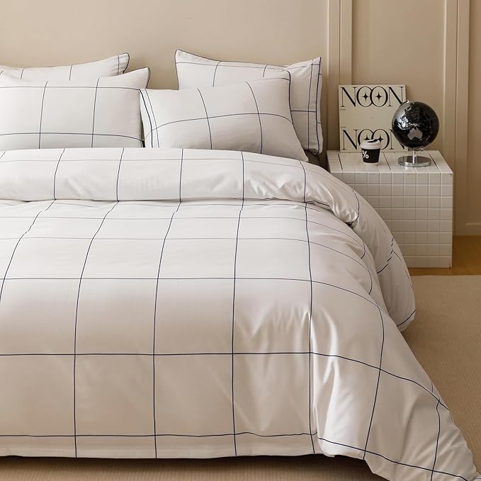 KAREVER White Grid Comforter King Women Navy Blue Square Lines Checkered Bedding Set White Plaid Comforter King Size