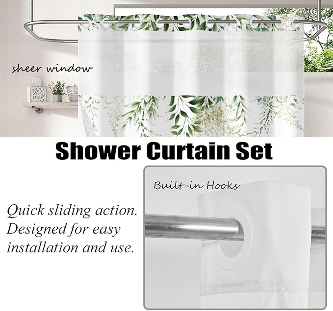Spring Shower Curtain No Hooks with Snap-in Fabric Liner Set,Green Leaf Mushroom Butterfly Shower Curtain for Bathroom,Hotel Decor Waterproof Shower Curtains,with See Through Top Window,71W x 74H