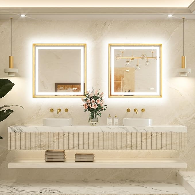 TETOTE Led Bathroom Mirror 30 x 30 with Brushed Gold Frame Anti-Fog Frontlit & Backlit Vanity Mirror Stepless Dimmable Lighted Mirrors for Bathroom Wall 3 Colors White/Warm/Natural Wall-Mounted