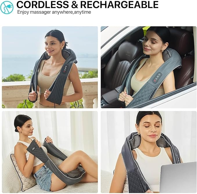 Cordless Shiatsu Neck Massager with Heat – Rechargeable Massager for Neck and Shoulder Pain with 8 Deep Kneading Nodes, Back Massager for Home Office Outdoor - Christmas Gifts for Mom Dad Men Women
