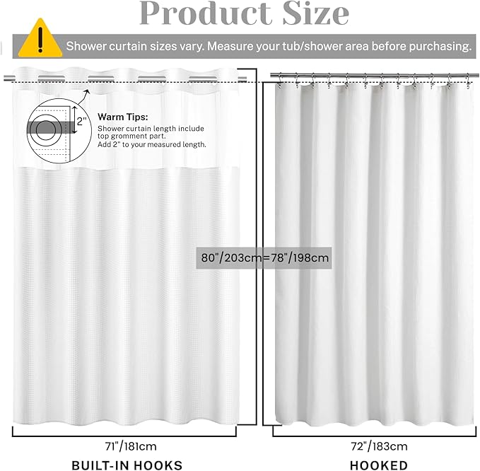No Hook Shower Curtain with Snap in Liner Set Waffle Shower Curtain for Bathroom Hotel Style Fabric Waterproof Inner Liner，71" W x 80" H, White