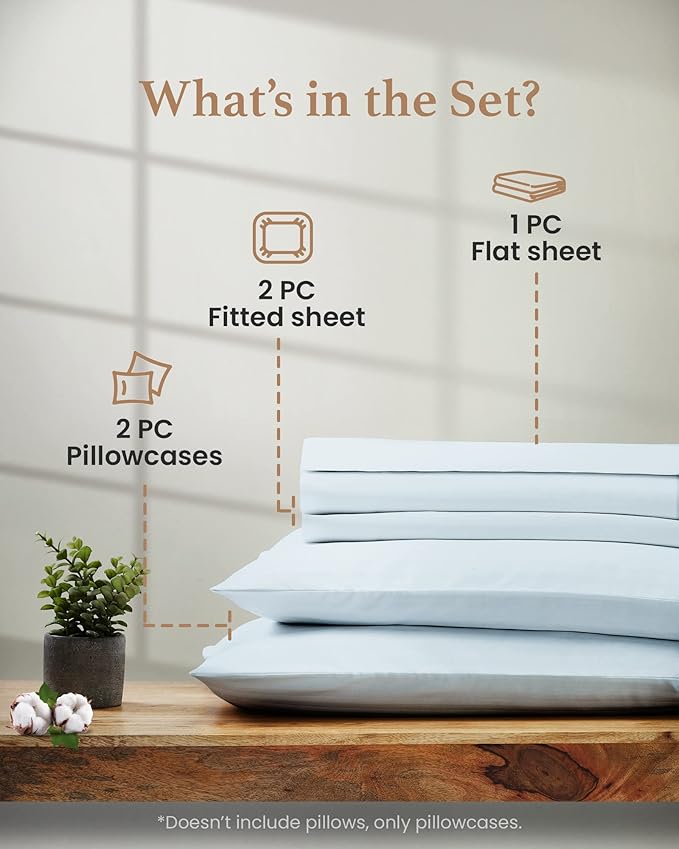 Good Sleep Bedding Split King Sheets Sets for Adjustable Bed Cotton, Luxury Sheets, Egyptian Cotton, 5 Piece 100% Cotton Split King Sheet Set, Sateen Weave, 2 Fitted - 16" Deep Pocket, Light Blue