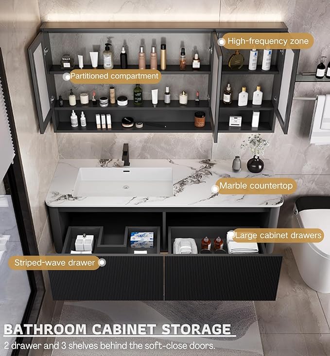 Bathroom Vanity Cabinet, 40" Bathroom Vanity with Sink & Intelligent Defog LED Mirror, Solid Wood Float Vanities, Wall-Mount Bathroom Cabinet with Drawer, Undermount Single Sink, Faucet, Drain(Black)