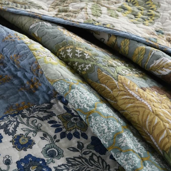 Cotton Bedspread Quilt Bedding Sets 3 Pieces Reversible Coverlet Sets Comforters Rustic Paisley Floral Patchwork Sage Green Bedspread, King Size