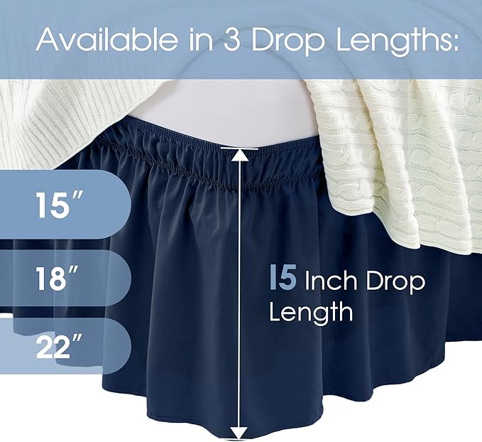 FreshCulture Queen Bed Skirt, Elastic Wrap Around Bed Skirt Queen Size, Bed Skirts for Adjustable Bed, Easy Fit with 15-Inch Tailored Drop, Hotel Quality Dust Ruffle for Queen Bed (Navy Blue)