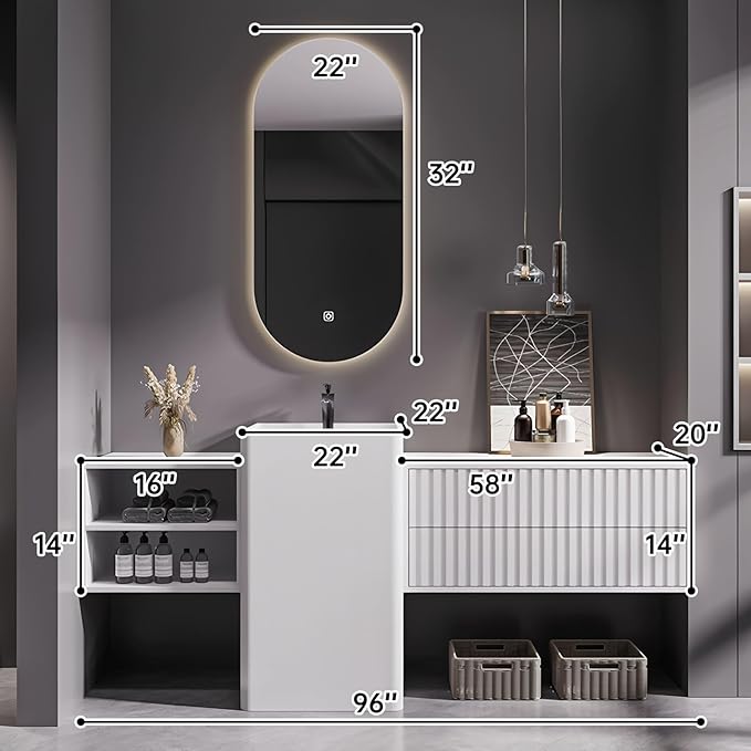 96Inch Freestanding Sink Bathroom Vanity, Wall-Mount Bathroom Cabinet with Open Storage and Striped Drawers, Solid Wood Bathroom Vanity with Smart Defog Mirror and Spacious Rock Plate Countertop