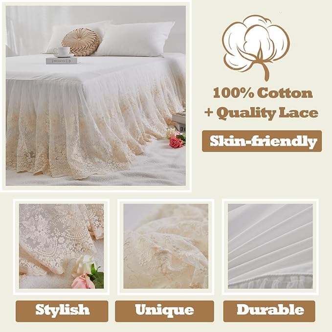 Brandream Lace Bed Skirt Queen Size Cream White 18 Inch Drop Romantic Dust Ruffle Split Corners Bed Sheets Cover Excellent Quality