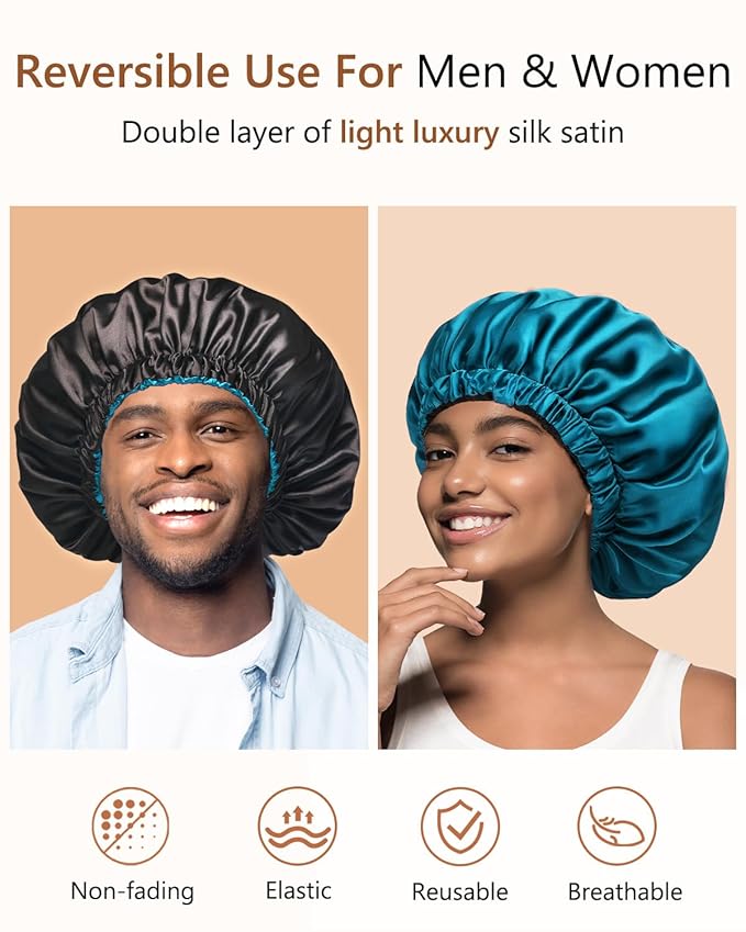 mikimini Satin Bonnet Pack of 2 for Men and Women, Reversible Double Layer Sleeping Silk Bonnet for Curly Hair Braids with Anti-Slip Adjustable Widened Elastic Band Super Large Soft (XL, Black/Blue)