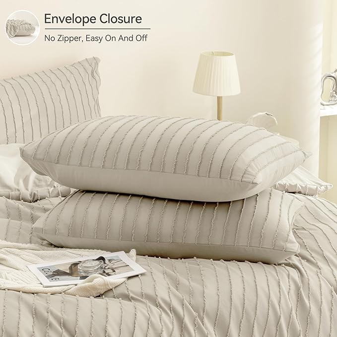 JELLYMONI Duvet Cover Queen Size Light Khaki - 3PCS Boho Striped Duvet Cover Set Polyester Tufted Bohemian Textured Comforter Cover 90×90in with Corner Ties & Zipper and 2 Pillowcases
