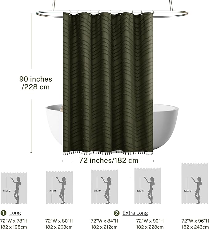 Extra Long Olive Green Boho Shower Curtain with Tassel, Woven Fabric 90 in Shower Curtain, Tufted Chevron Striped, 72 x 90, Modern Chic Textured Minimalist Bathroom Shower