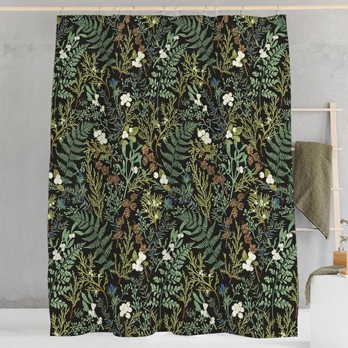 Black Green Vintage Shower Curtain NatureFloral Herbs and Botanical Plants Maximalist Bathroom Decor Dark Cottagecore Shower Curtain Sets 72Wx72H Waterproof Polyester