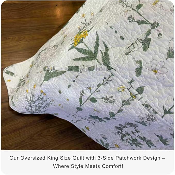 Lady Ann Oversized King Quilt 120x120, Cotton California King Size Quilted Bedding Set, Yellow Floral & Green Leaves Pattern Printed Cottagecore Coverlet Set Shabby and Chic Bedspread, 3 Pcs