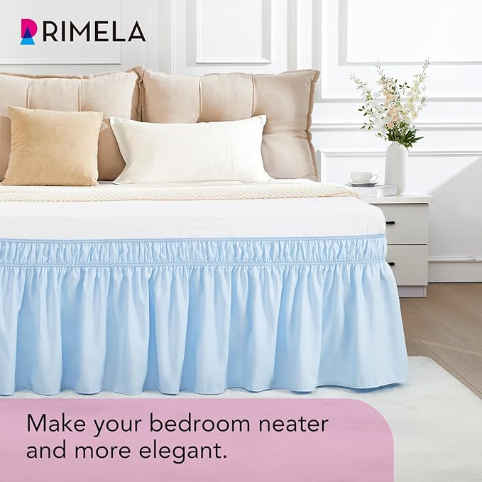RIMELA Light Blue Bed Skirt Queen Size 18 Inch Drop, Elastic Bed Skirting for Bed Base and Frame, Bedding Dust Ruffle Easy to Install, Lightweight Wrap Around Adjustable Bedskirt