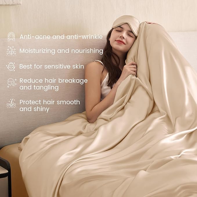 THXSILK 100% Pure Mulberry Silk Duvet Cover Set 3 Piece, 6A+ Grade Luxury Soft Bedding Silk Sheets for Hair and Skin, 1 Pcs Duvet/Quilt/Comforter Cover with 2 Zippered Pillowcases (Champagne, King)