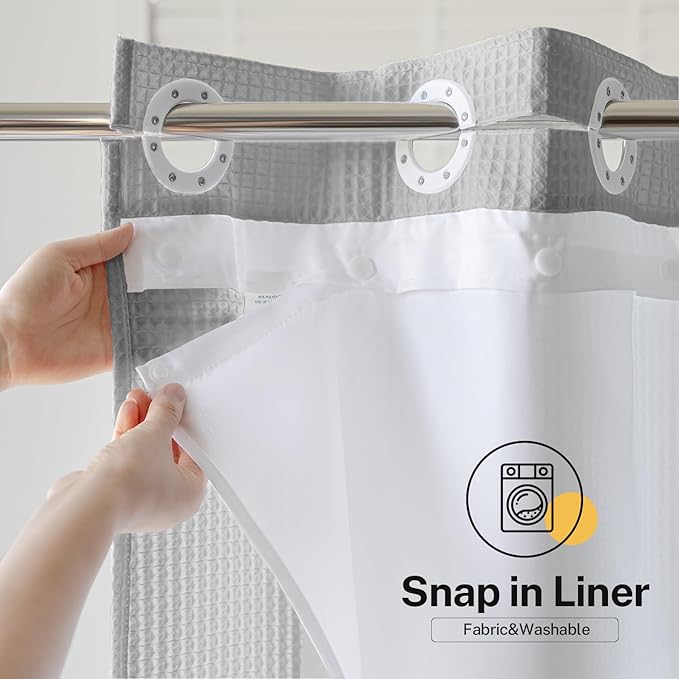 River Dream Grey No Hooks Waffle Shower Curtain with Snap in Liner,Cotton Blend Fabric Shower Curtain for Bathroom,Hotel Quality,71W x 74L