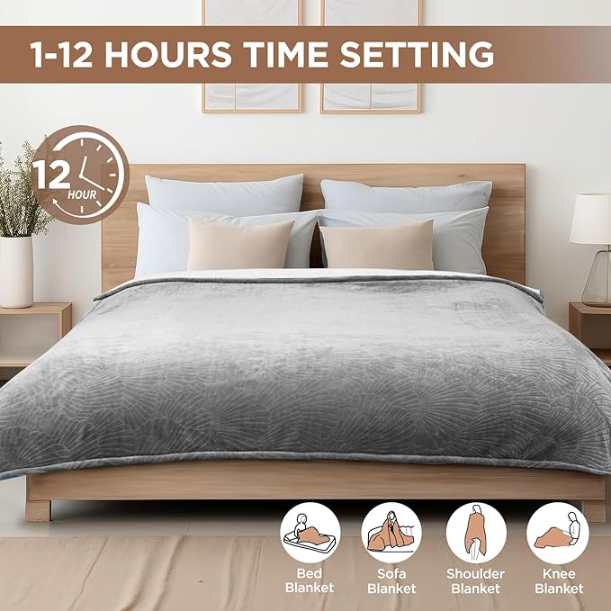 Westinghouse Electric Blanket Full, Flower Jacquard Heated Blanket Full Size with 10 Heating Levels and 1-12 Hours Auto-Off, Flannel to Sherpa Reversible, Machine Washable (72" x 84", Light Grey)