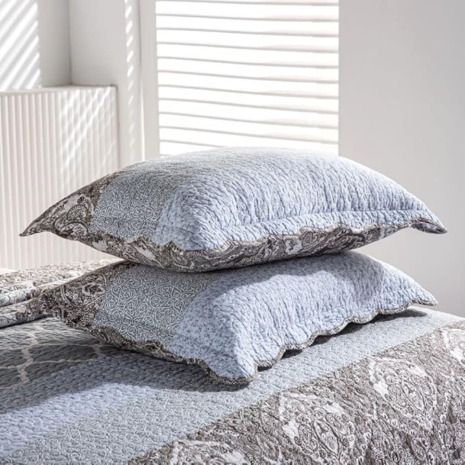 YAYIDAY Quilts Queen Size Patchwork Bedspread Set - 100% Cotton Reversible Breathable Grey Quilted Quilt with Pillow Shams Fit All Seasons