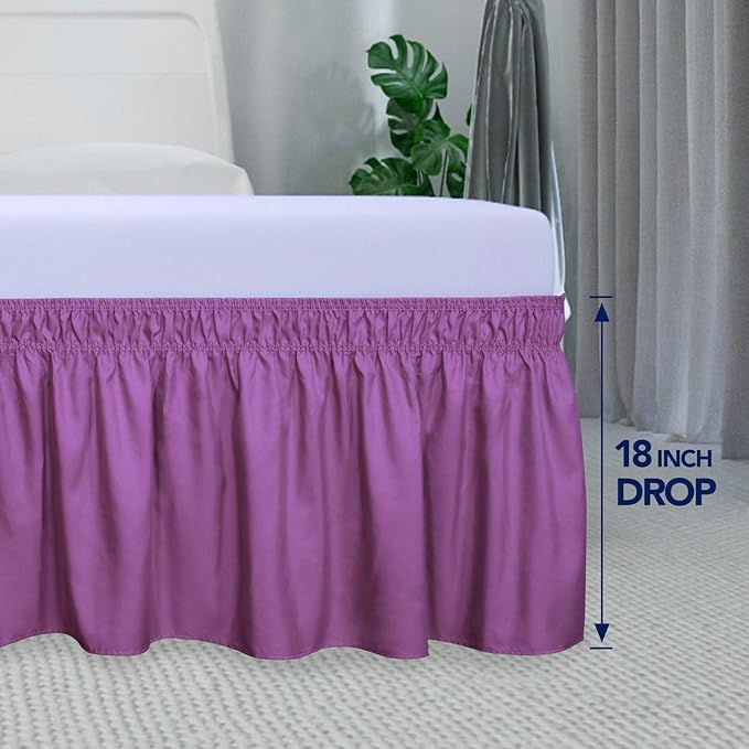 PureFit Wrap Around Ruffled Bed Skirt with Adjustable Elastic Belt - 18 Inch Drop Easy to Put On, Wrinkle Free Bedskirt Dust Ruffles, Bed Frame Cover for Twin,Twin XL and Full Size Beds, Purple